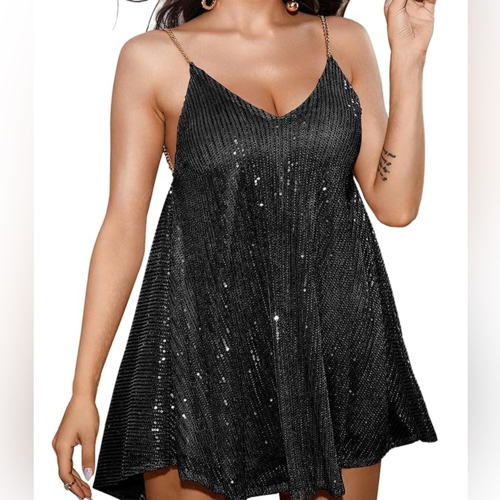 Wenrine NWT Black Sequin Disco Strappy Dress